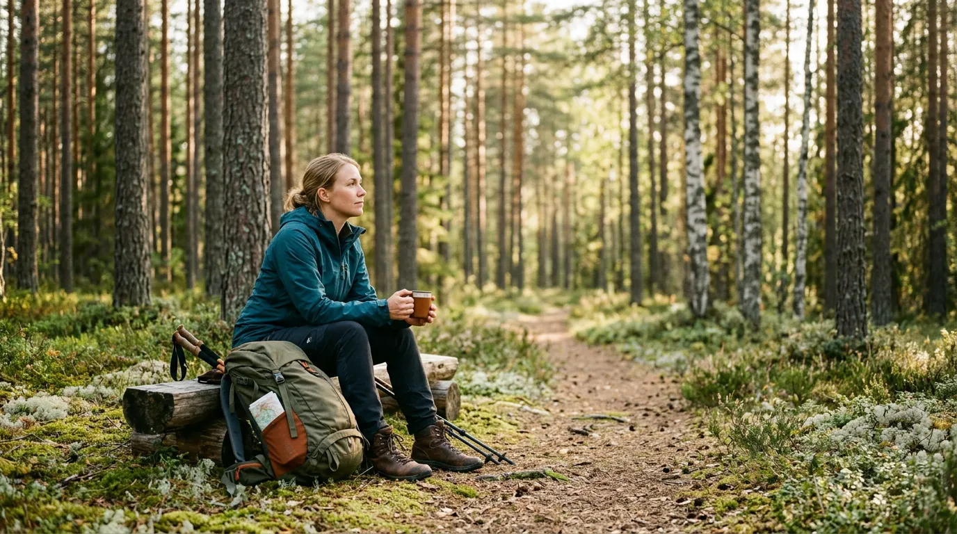 Vaeltaja pysähtyy havumetsän aukealle ja katsoo järvelle iltapäivän auringossa.