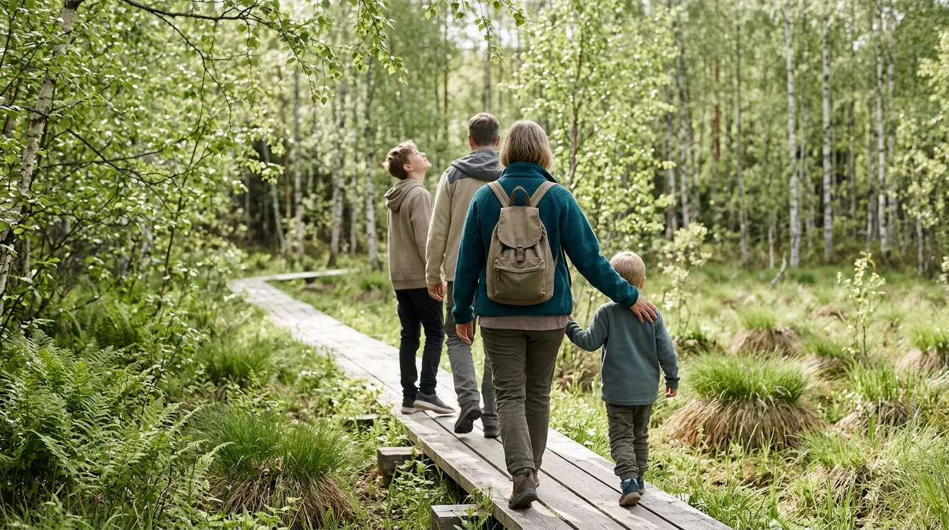 Perhe kävelee pitkospuilla suomalaisessa suomaastossa kesäkuun valossa.
